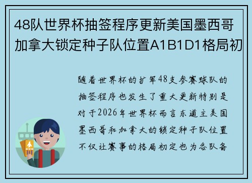 48队世界杯抽签程序更新美国墨西哥加拿大锁定种子队位置A1B1D1格局初定 48队世界杯抽签程序更新美国墨西哥加拿大锁定种子队位置A1B1D1格局初定